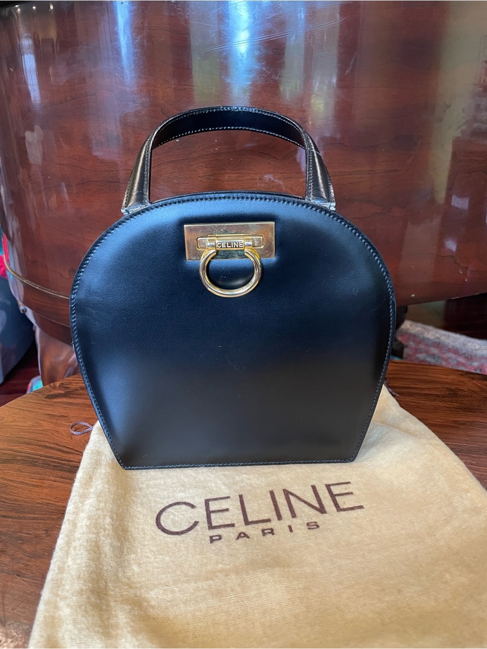 Vtg CELINE black leather top handle bag-Gancini hardware red leather interior
